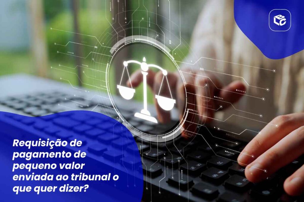 Balança da justiça digital em teclado, com texto sobre requisição de pagamento.