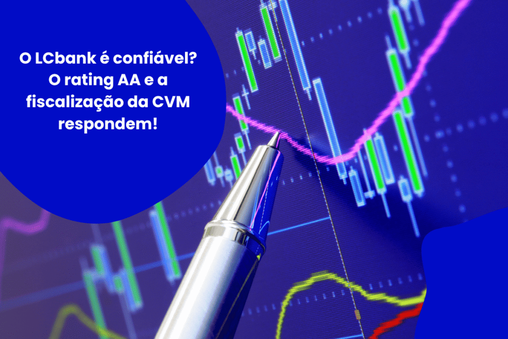 Caneta sobre gráfico financeiro com texto "O LCbank é confiável?