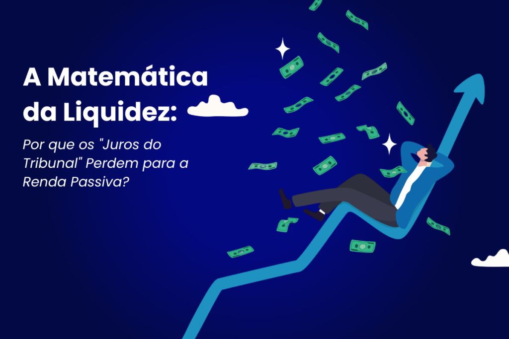 Homem relaxado em gráfico ascendente com dinheiro caindo, título "A Matemática da Liquidez