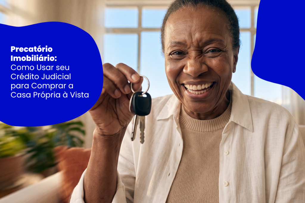 Mulher sorri segurando chaves, com texto sobre precatório imobiliário.