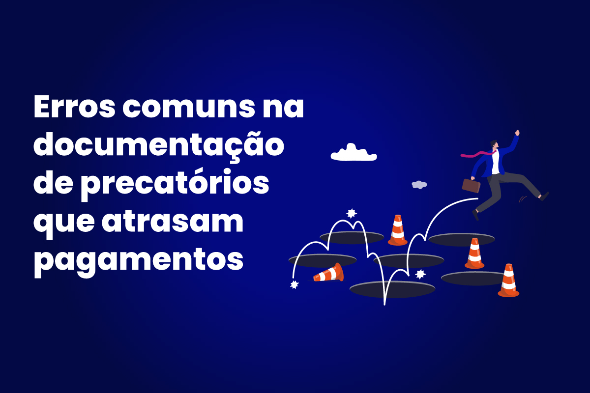 Personagem pulando buracos com cones ao redor, texto na imagem Erros comuns na documentação de precatórios que atrasam pagamentos